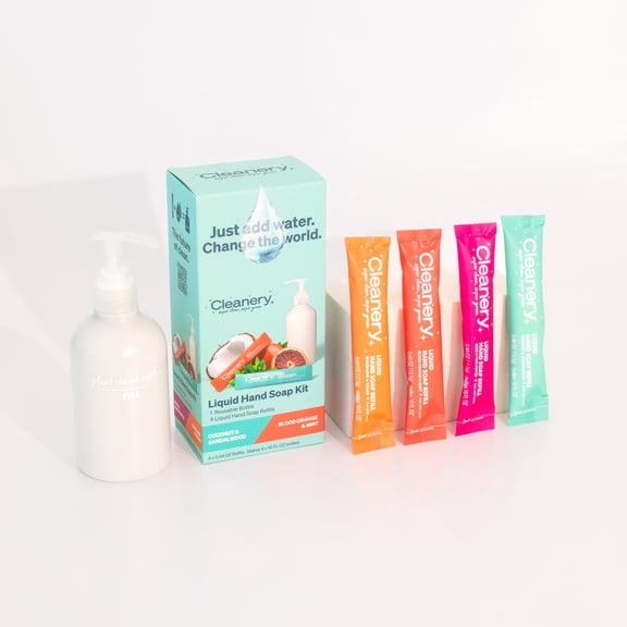 Cleanery Liquid Hand Soap Refill Starter Kit with Reusable Bottle + 4 refills; Makes 10oz Each