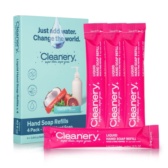 Cleanery Moisturizing Hand Soap Refill Powder Concentrate 4 Pack, 10oz Refills, Rose & Pink Pepper