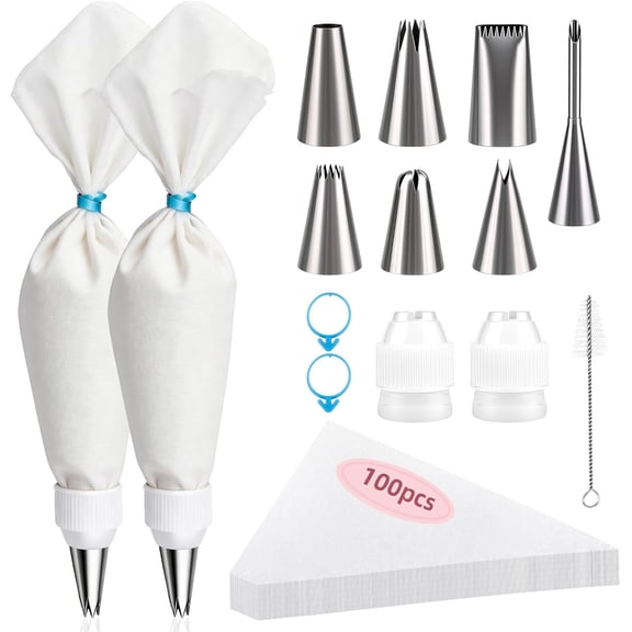Cleangor Piping Bags and Tips Set, 16 Inch 114 Pcs Cake Decorating Kit with 100 Disposable Icing Bags, 2 Reusable Pastry Bags, 7 Stainless Steel Frosting Tips, 2 Couplers, 2 Bag Ties and 1 Brush