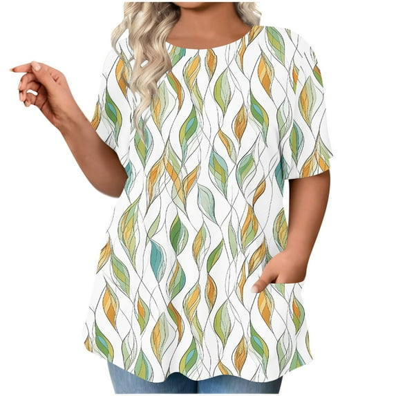 Cleaning 2025 Summer Polka Dot Tops For Women Crew Neck Short Sleeve Shirts Loose Relaxed Fit Plus Size Tunic Tops Dressy Flowy T Shirts Holiday Beach Party Clothes With Pockets