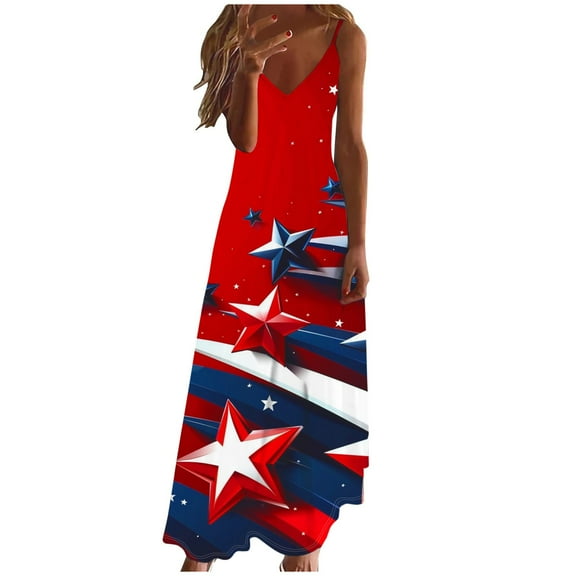 Cleaning 4Th of July Patriotic Dresses for Women American Flag Printed Sundress Deep V Neck Maxi Tank Dress Light Breathable Summer Dress Loose Flliter Hem Beach Dresses Vacation Outfits