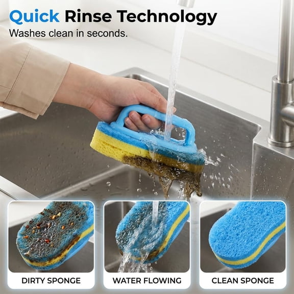 Cleaning Brush with Handle - Sponge Scrubber for Kitchen Dishes Pans - Dual Sided Scouring Pad with Long Handle - Ergonomic Dish Cleaning Tool - 2 Pack