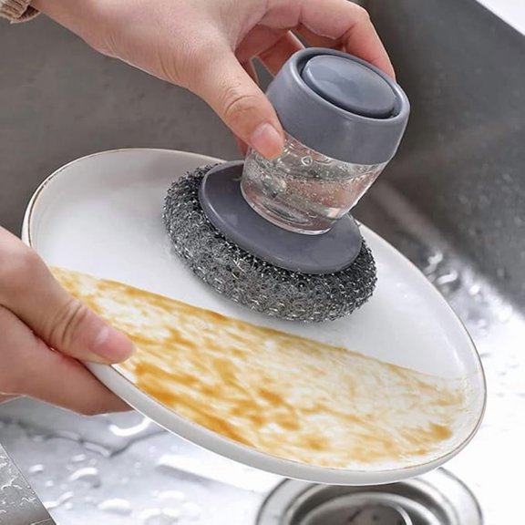 Cleaning Brush Stainless Steel Scrubber with Liquid soap Dispenser. Cleaning Brush Push Button Kitchen Cleaning Tool Household Cleaning Brush