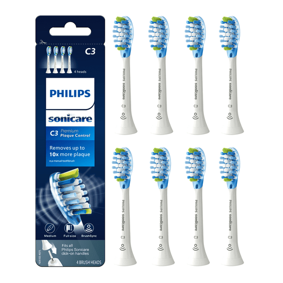 C3 Premium Plaque Control Toothbrush Heads Compatible with Phlilps Sonicare Electric Toothbrush,8 Brush Heads, White, HX9044/65