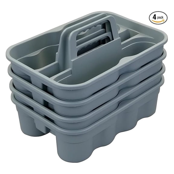 Cleaning Caddy 4 Pack, Plastic Carry Caddy with Handle - Gray Storage Organizer for Home, Garage, Office, Hotel - Multi Purpose Tool & Supply Holder