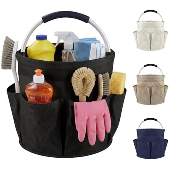 Cleaning Caddy with Handle and 6 Pockets, 17L Cleaning Supplies Organizer, 600D Oxford Fabric Storage Basket, Multifunctional Bucket Bag for Picnics, Camping, Gardening, Bathing (Black)