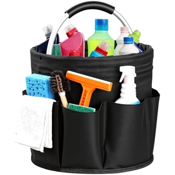 Cleaning Caddy with Handle, Cleaning Products Organiser, Foldable Storage Basket, Large Supply Organiser 17L with 6 Pockets, Portable Cleaning Caddy for Home & Garden (Black)