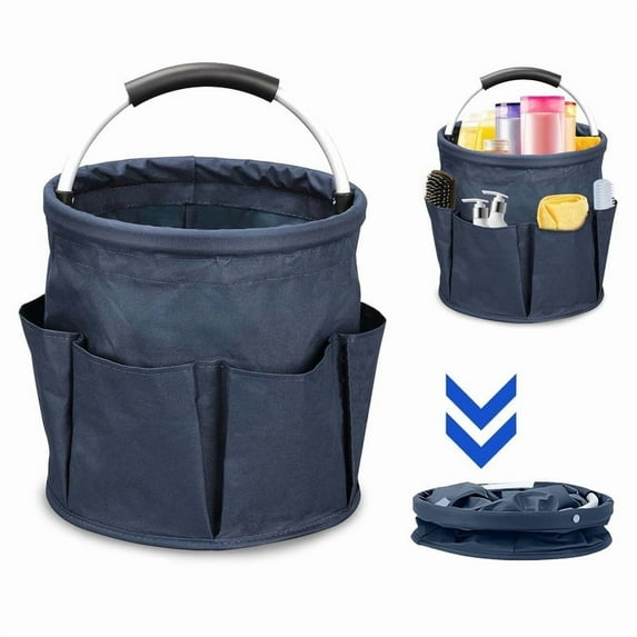Cleaning Caddy with Handle, Cleaning Products Organizer, 17L Foldable Tool Bag, Storage Basket, Cleaning Supply Caddy, Portable Multi Cleaning Bucket Bag for Home, Garden, Picnic (Navy Blue)
