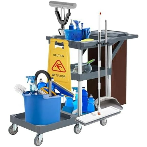 Cleaning Cart Janitorial Cart Cleaning Carts on Wheels 3-Shelf Commercial Traditional Plastic Housekeeping Carts for Housekeeping$$Household Cleaning Products & Supplies