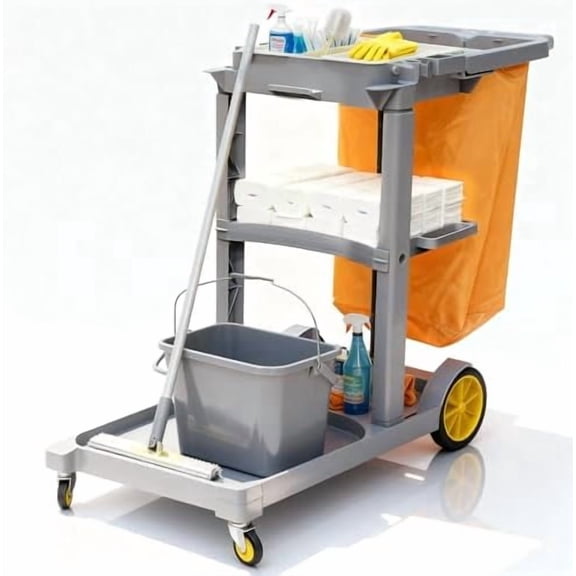 Cleaning Carts On Wheels - Janitorial Cart w/ 3-Shelf & 2 Bins, Smooth Swivel Caster, 65L Collection Bag, 300LBS Load Capacity, Sturdy Cleaning Cart for Housekeeping, Janatorial Cleaning (Gray)