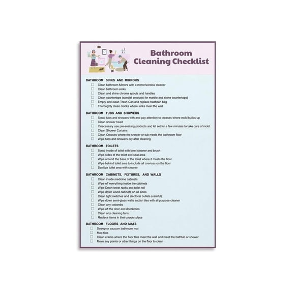 Cleaning Checklist Poster Bathroom Kitchen Living Room Bedroom Daily Tasks