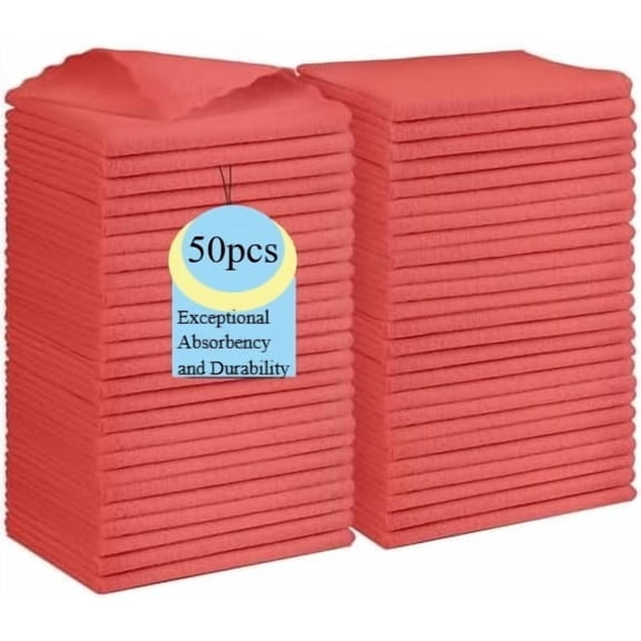 Cleaning Cloths, Shop Towels 50 Pack, Shop Rags Reusable, Microfiber Cleaning Rags Bulk for Cars, Multi-Purpose Lint Free Towels for Automotive, Mechanic, Kitchen, 11.5’’ x 11.5’’, Red