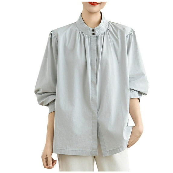 Cleaning Cotton Linen Shirts for Women Summer Long Sleeve Stand Collar Tee Shirts Button Down Tunics Blouse Front Pleated Tee Shirts Lightweight Loose Dressy Casual Work Tops Trends 2025