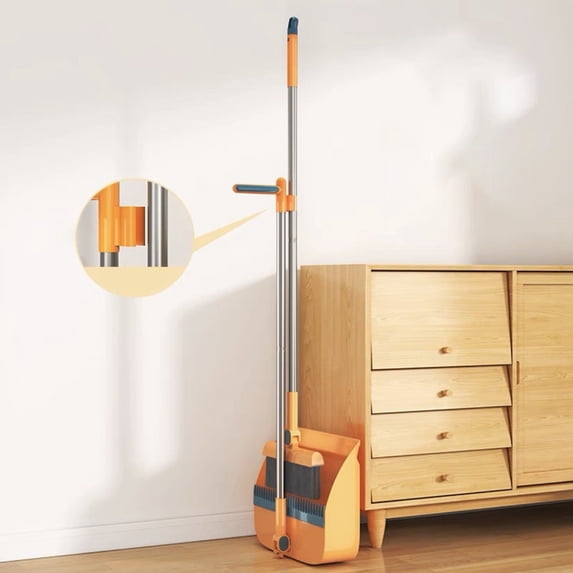 Cleaning Dustpan and Broom Set with Long Handle,180° Adjustable Handle Scraping Broom and Foldable Dustpan for Home Use,broom set,cleaning tools,Orange,1 Set