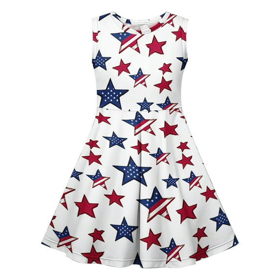 Cleaning Girl's Summer Sequin Print Dress Round Neck Sundress Mini Tank Dresses Waist Cinched Children'S Sundress Independence Day Patriotic Dress Usa Flag Star Printed Beach Sun-Dress