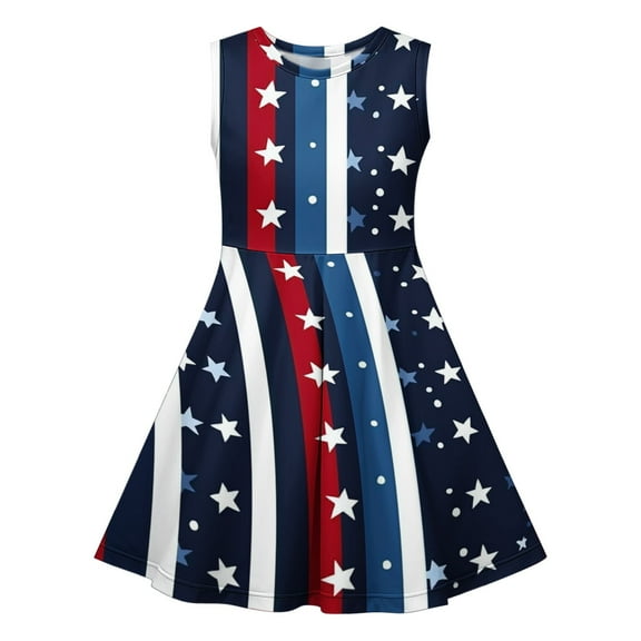 Cleaning Girl's Summer Sequin Print Dress Round Neck Sundress Mini Tank Dresses Waist Cinched Children'S Sundress Independence Day Patriotic Dress Usa Flag Star Printed Beach Sun-Dress