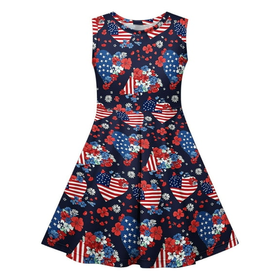 Cleaning Girl's Summer Sequin Print Dress Round Neck Sundress Mini Tank Dresses Waist Cinched Children'S Sundress Independence Day Patriotic Dress Usa Flag Star Printed Beach Sun-Dress