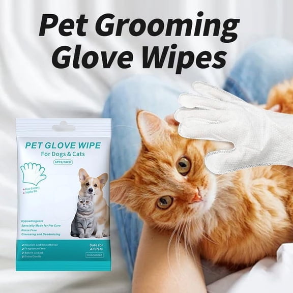 Cleaning Glove for Dog and Cat, Wipes Gloves for Dog and Cat Fur Face, Ear, Eye, Paws Cleaning Wipes Pet Wash Free Gloves, Grooming Wipes for Pet No Rinse Thick Dog Wipes Gloves(6 Pcs)