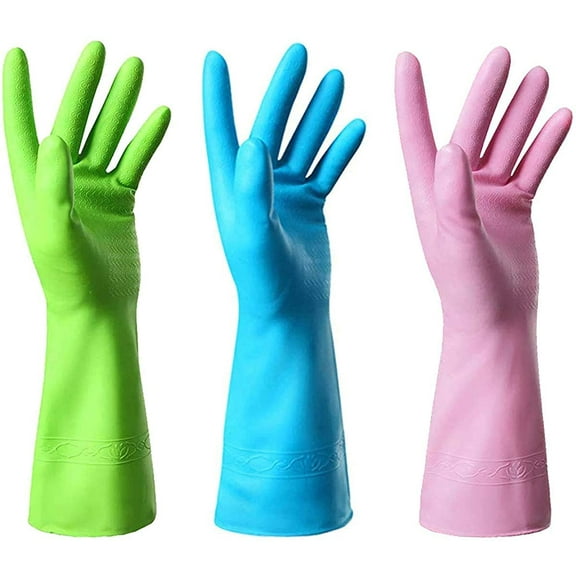 Cleaning Gloves-3 Pairs Kitchen Gloves Dishwashing Rubber Gloves Reusable,Latex Free And Fit Your Hands Well-Including Green Pink And Blue,Size Large