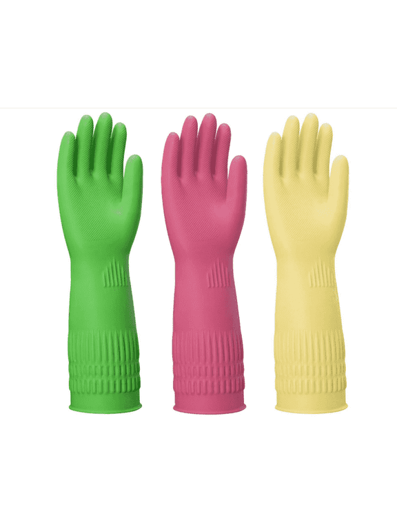 Rubber Gloves for Cleaning 3 Pairs Reusable Gloves for Dishwashing, Kitchen and Household Tasks, 15-Inch Long (Regular Style, XL(Fits Large Hands))