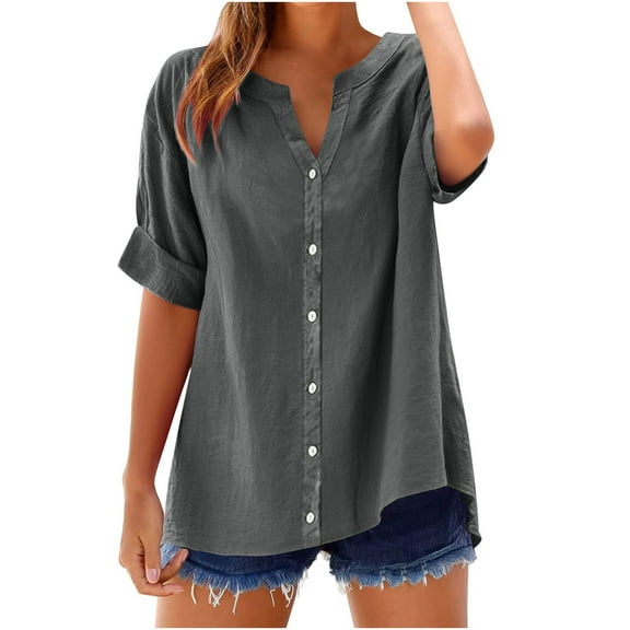 Cleaning Linen Tops for Women Basic Pure Tunic Blouses Henley Neck Tee Front Button-Up Shirts Baggy Boho Tunics Shirts Loose Flowy Blouse Summer Women Going Out Vacation Party Clothing