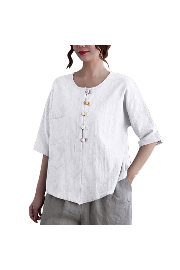 Cleaning Linen Tops For Women Summer Front Button-Up Blouses Round Neck Tee Short Sleeve T Shirts Baggy Boho Dressy Shirts Plain Basic T-Shirts Comfort Casual Tee Shirts Beach Holiday Clothes