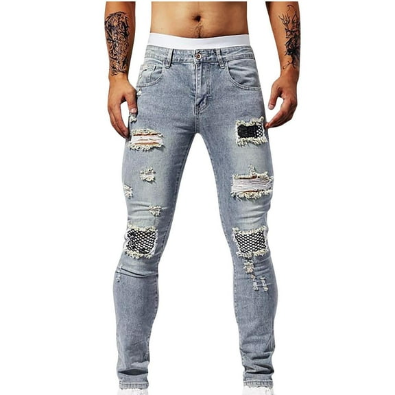 Cleaning Men's Straight Slim Fit Jeans Holes High Waisted Streetwear Gray Ripped Distressed Stretchy Skinny Jeans With Patches Tapered Leg Pants With Pockets