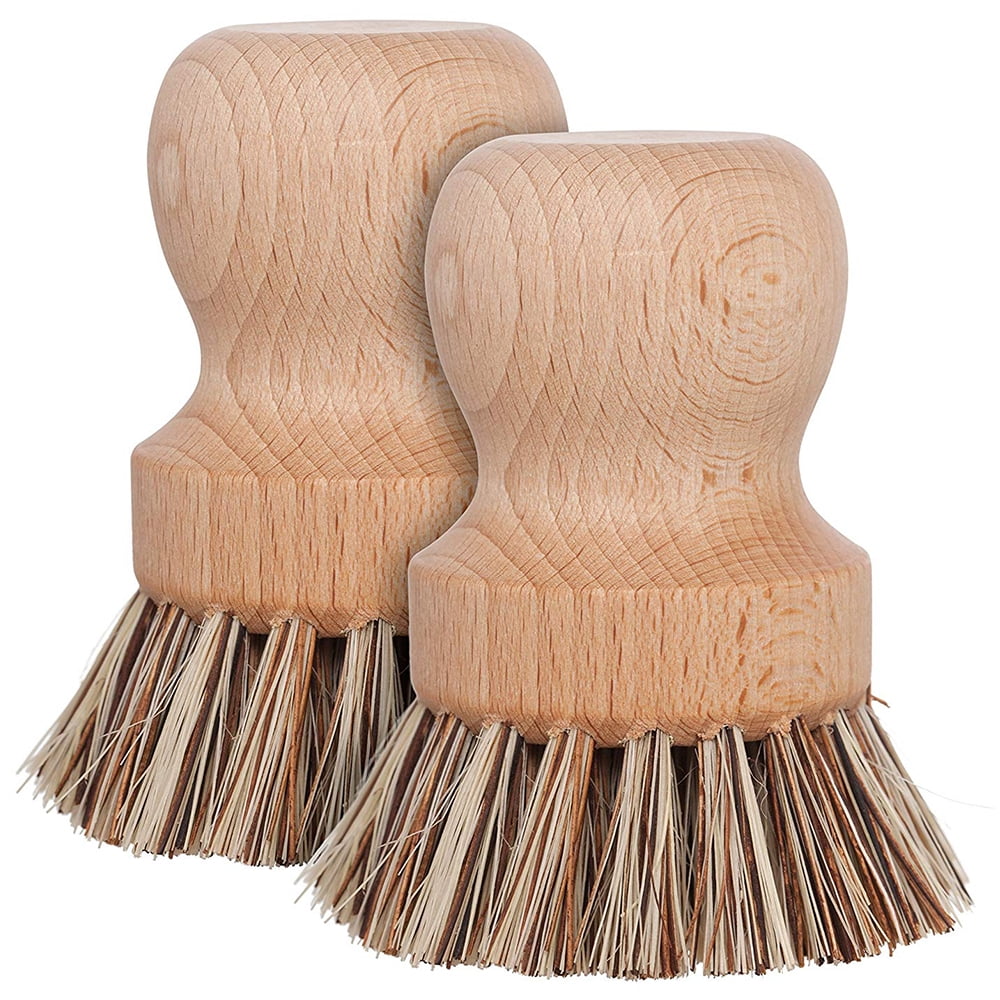 Cleaning Scrub Brush for Cast Iron Skillet Pots Pans - Made of 100% Beechwood Handle and Natural Fiber Bristle - (2 Pack)