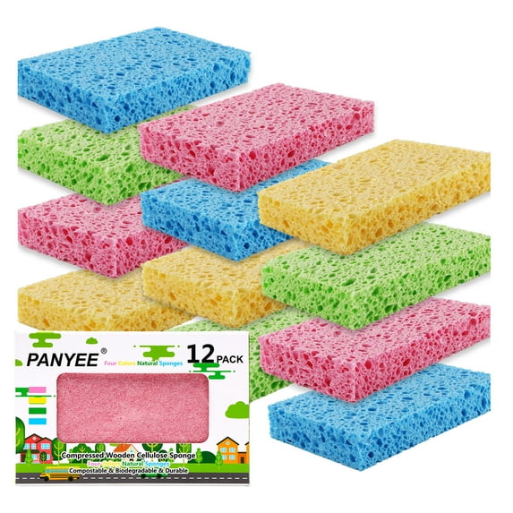 Cleaning Scrub Colored Sponge,Non-Scratch Kitchen Cellulose Dishwashing Sponge,12Pack Biodegradable Natural Sponge