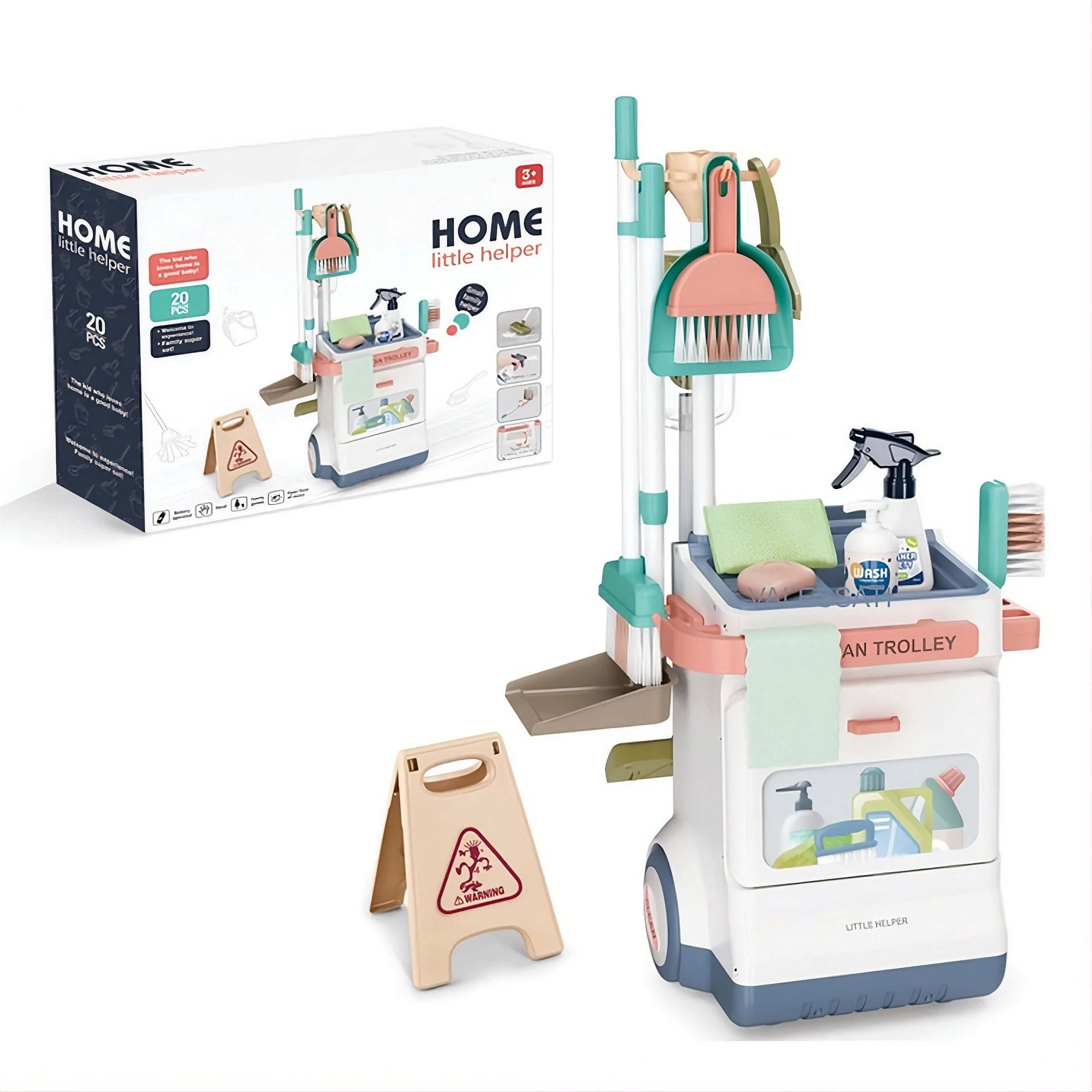 Valessati Plastic Cleaning Cart Playset, 20 Pieces, Working Vacuum, Mop & Broom, Ages 3+