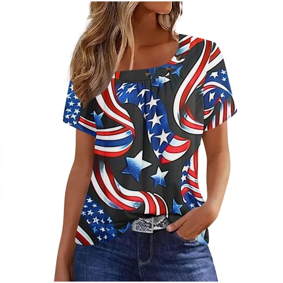 Cleaning Summer 4Th of July Tops for Women Usa Flag Star Printed Tee Shirts Pullover Sweater Blouses U Neck Blouses Front Pleated Tunic Tops Loose Fit Shirt Retro Dressy Tunics office Work Clothes