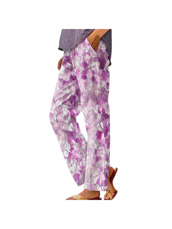 Cleaning Summer Linen Pants For Women Plus Size Basic Trousers Floral Printed Straight Leg Sweatpants Stretched Elastic Waist Beach Pant Comfort Casual Jogger Pants Beach Vacation Clothes With Pocket