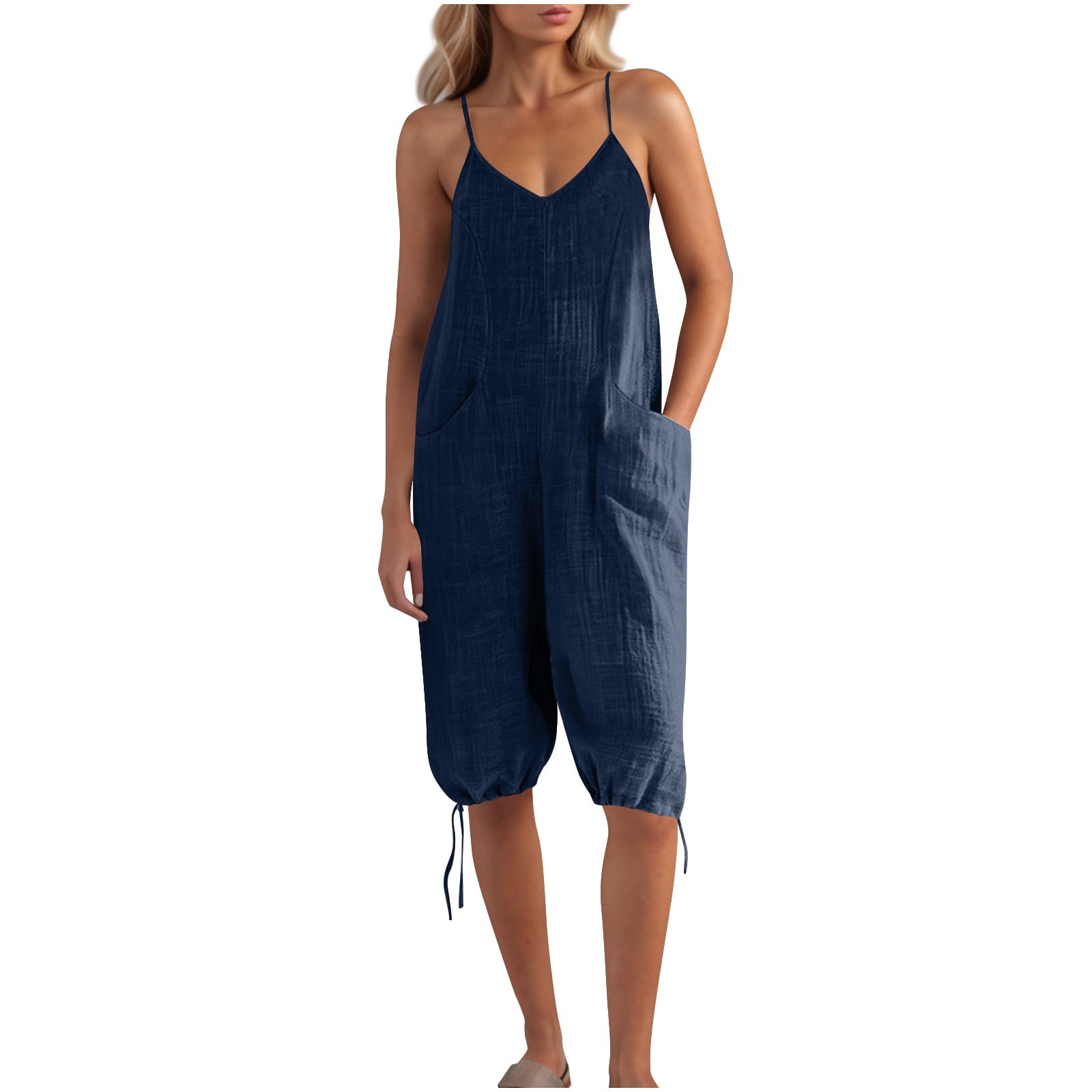 Basic Rompers Women's V Neck Sleeveless Shirts Cotton Linen Romper Causal Jumpsuits ...