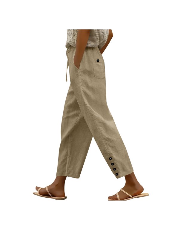 Cleaning Summer Womens Cotton Linen Pants High Waisted Elastic Waist Sweatpants Pull On Stretch Beach Trousers Light Breathable Athletic Track Pants Workout Running Gym Joggers Pants with Pockets