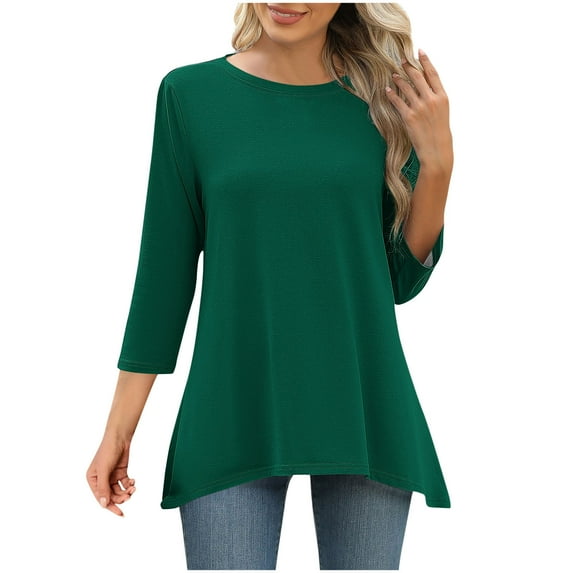 Summer Womens Tunic Tops Pure Basic Tee Shirts Round Neck 3/4 Sleeve Shirts Irregular Hem T-Shirts Loose Fitted Tunic Blouses Formal Trendy Tunics Holiday Going Out Clothing