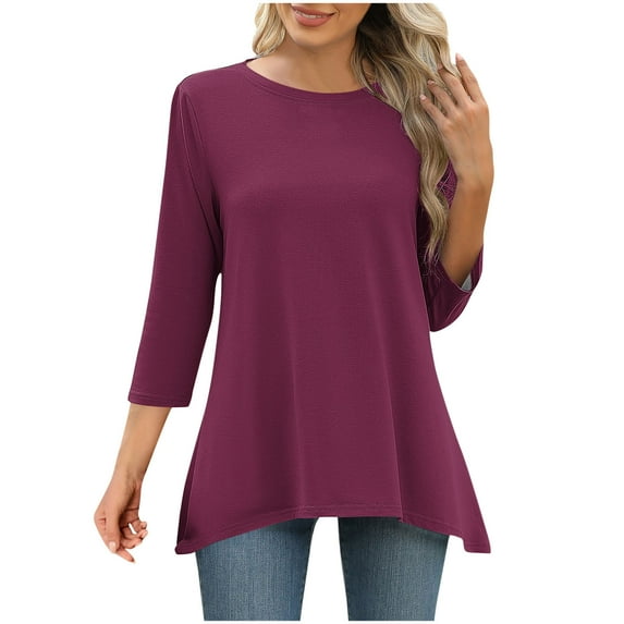 Cleaning Summer Womens Tunic Tops Pure Basic Tee Shirts Round Neck 3/4 Sleeve Shirts Irregular Hem T-Shirts Loose Fitted Tunic Blouses Formal Trendy Tunics Holiday Going Out Clothing