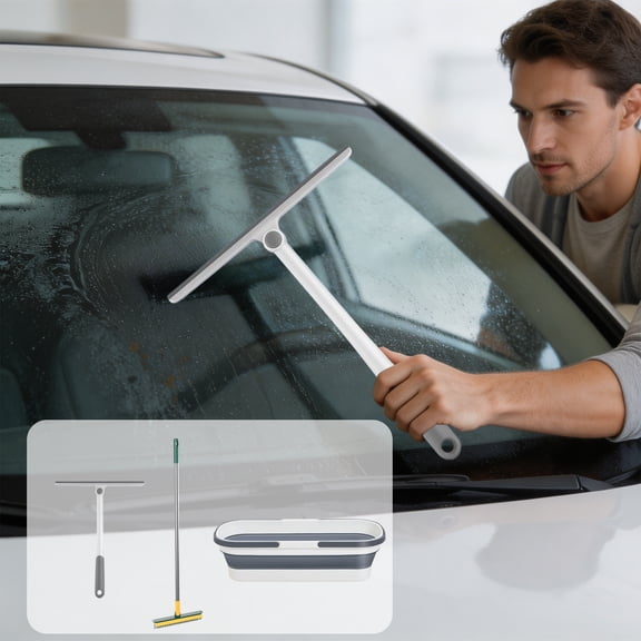 Cleaning Tool Set Long Handle Squeegee And Brush With Foldable Bucket,Lightweight Wear-resistant Kit For Glass Floor And Household Cleaning(Gray)