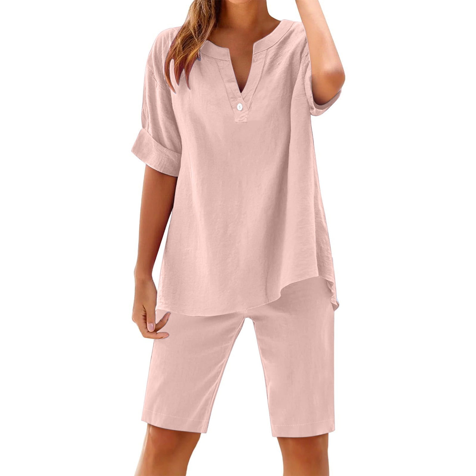 CRAZY FARM Women's Cotton Pajama Set - Short Sleeve Henley Top & Elastic Waist Pants, Summer PJs