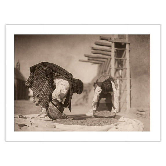 Cleaning Wheat - Tewa Tribe Women - San Juan Pueblo New Mexico - Vintage B&W Historical Photograph by Edward S. Curtis c.1905 - Fine Art Matte Paper Print (Unframed) 18x24in