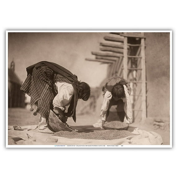 Cleaning Wheat - Tewa Tribe Women - San Juan Pueblo New Mexico - Vintage B&W Historical Photograph by Edward S. Curtis c.1905 - Master Art Print 10in x 14in