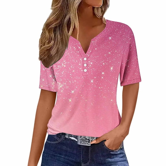 Cleaning Women Color Block Striped Tee Shirts Summer Henley Neck Tee Button-Up Tunic Tops Loose Relaxed Fit Short Sleeve Top Lounge Dressy T Shirts Workout Vacation Blouse Spring Clothes