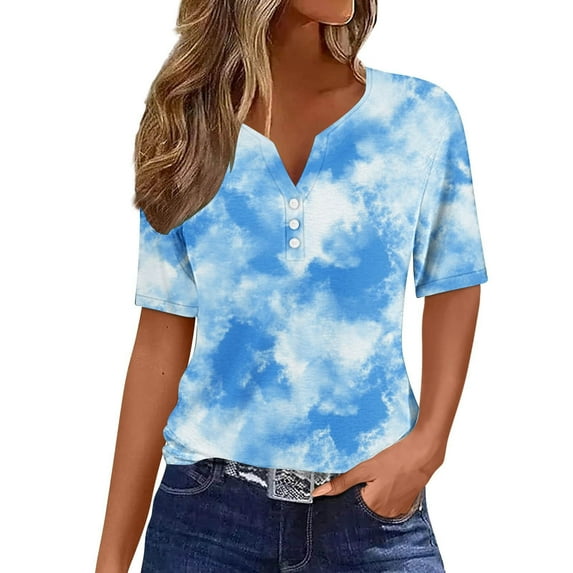 Cleaning Women Color Block Striped Tee Shirts Summer Henley Neck Tee Button-Up Tunic Tops Loose Relaxed Fit Short Sleeve Top Lounge Dressy T Shirts Workout Vacation Blouse Spring Clothes