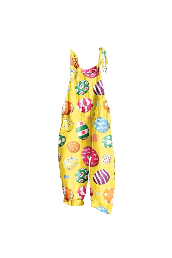 Cleaning Womens Bib Jumpsuits Easter Bamboo Cotton Backless Romper Egg Print Sleeveless Jumpsuit Baggy Casual Wide Leg Pants Romper Playsuit