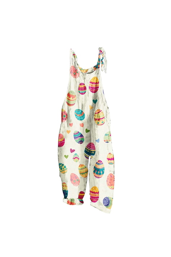 Cleaning Womens Bib Jumpsuits Easter Bamboo Cotton Backless Romper Egg Print Sleeveless Jumpsuit Baggy Casual Wide Leg Pants Romper Playsuit
