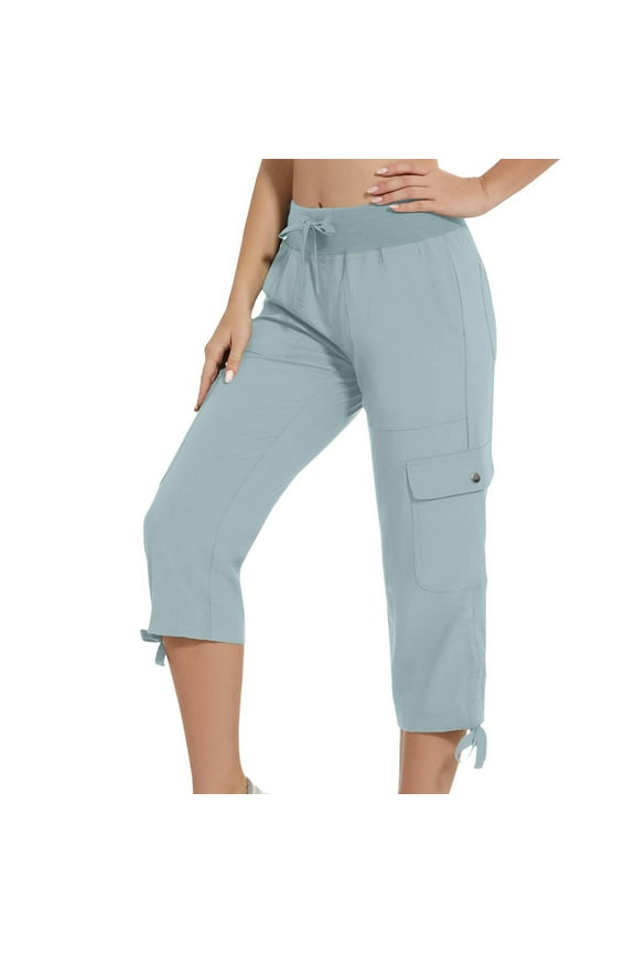 Save On Summer Womens Capris with Pockets Baggy Cargo Pants Drawstring Elastic Waist Capri Pants Adjustable Leg Pants Dressy Lightweight Ladies Capri for Hiking