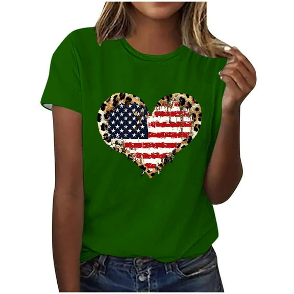 Cleaning Womens Independence Day T-Shirts Summer Patriotic T-Shirts Heart Graphic Leopard Print American Flag Tunic Blouses Round Neck Tee Short Sleeve Tops Causal Vintage Tees Holiday Blouse