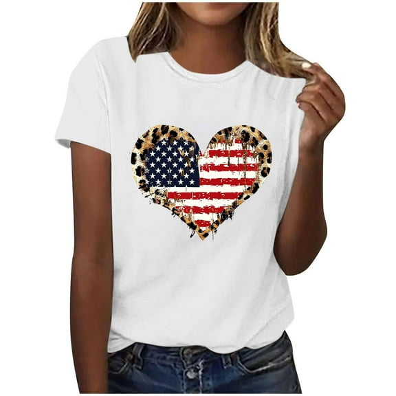 Cleaning Womens Independence Day T-Shirts Summer Patriotic T-Shirts Heart Graphic Leopard Print American Flag Tunic Blouses Round Neck Tee Short Sleeve Tops Causal Vintage Tees Holiday Blouse