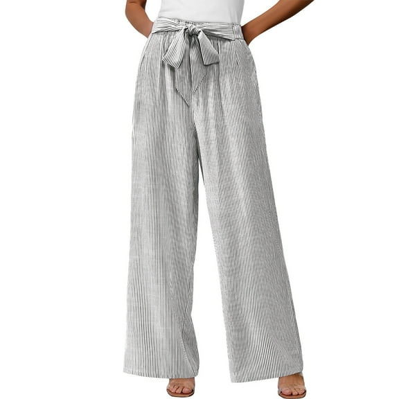 Cleaning Womens Striped Wide Leg Pants Dressy High Waist Trousers Flowy Tie Knot Drawstring Elastic Waist Trouser Business Casual Workout Pants with Pockets