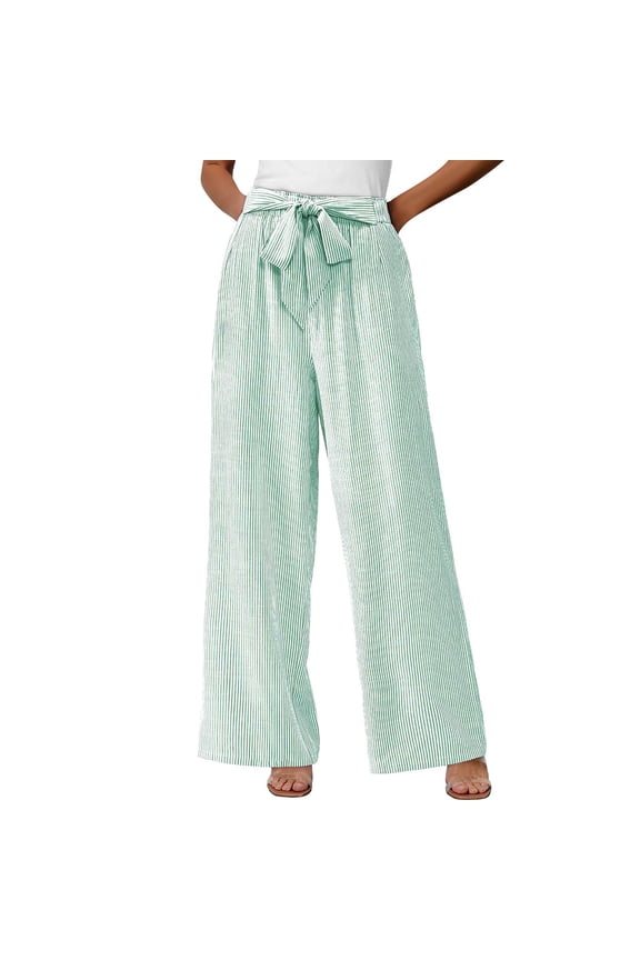 Cleaning Womens Striped Wide Leg Pants Dressy High Waist Trousers Flowy Tie Knot Drawstring Elastic Waist Trouser Business Casual Workout Pants with Pockets