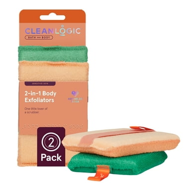 Cleanlogic 2-in-1 Body Exfoliator, 2 Pack, Sensitive Skin Body Scrubber, Dual-Sided, Assorted Colors